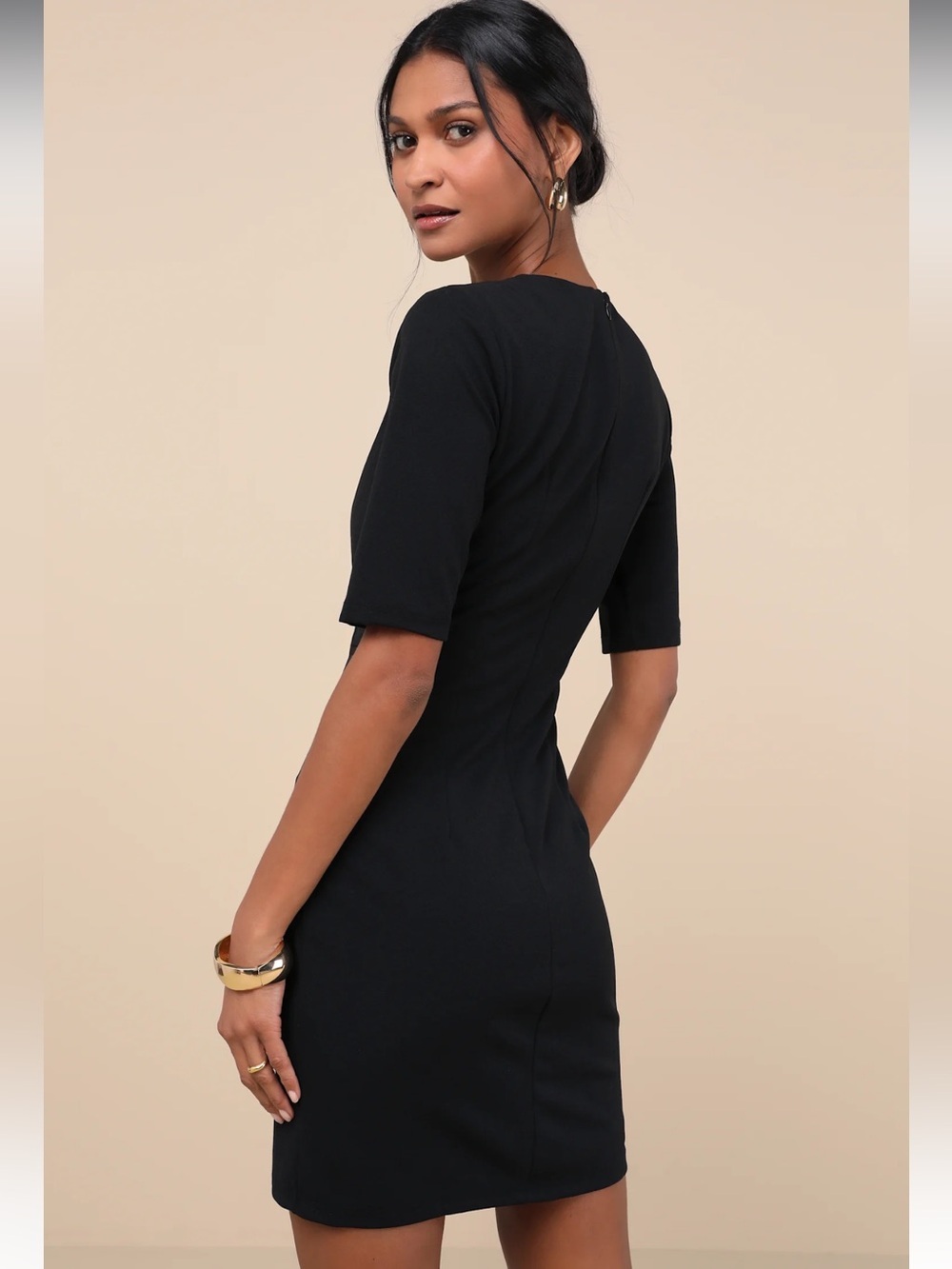 Lulu's Black Midi Sheath Dress with Draped Front - Picture 3 of 7